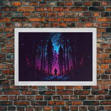 Cargar imagen en el visor de la galería, Contemplating the stars, vaporwave aesthetic, forest art, starry night, framed canvas print, outrun art