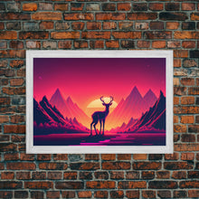 Load image into Gallery viewer, Deer at sunset, outrun style nature animal print, framed canvas print, sunrise art