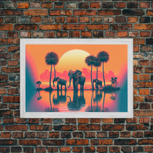 Load image into Gallery viewer, Sun beading down on a family of Elephants, framed canvas print