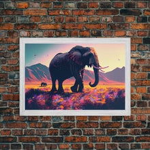 Load image into Gallery viewer, Elephants of Africa, Vibrant and colorful landscape, vaporwave, framed canvas print