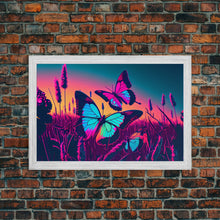 Load image into Gallery viewer, Beautiful turquoise butterfly art, vaporwave aesthetic pastel art, framed canvas print, synthwave art