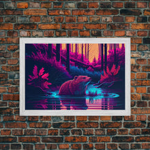 Load image into Gallery viewer, Cute beaver in a river, pink vaporwave art, animal prints, framed canvas print, framed wall art