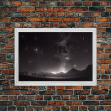 Load image into Gallery viewer, Black and white Watercolor of a starry night sky over a pine forest, framed canvas print
