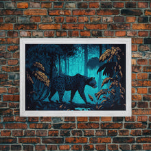 Load image into Gallery viewer, Black and Turquoise Panther, framed canvas print, unique wall art, wildlife canvas art, living room wall art