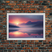 Cargar imagen en el visor de la galería, Foggy Sunset Over a Pine Forest and Lake, Fall Tones, Wall Decoration, Framed Canvas Print, cool wall art, minimalist boho wall art