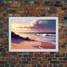 Load image into Gallery viewer, Boho Style Whimsical Beach Art, Framed Canvas Print, Minimalist Modern Farmhouse Decor, Pink Sunset Sky over the beach