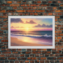 Load image into Gallery viewer, Boho Style Whimsical Beach Art, Framed Canvas Print, Minimalist Modern Farmhouse Decor, Pink Sunset Sky over tide rolling in