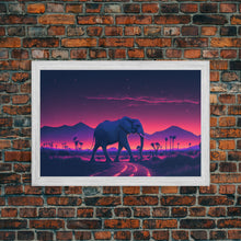 Load image into Gallery viewer, Elephant Art | Framed Canvas Print | Synthwave Style Framed Wall Art | Animal Prints | Elephant Walks Under A Full Moon | Kid's Room Decor