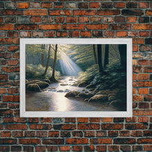 Cargar imagen en el visor de la galería, Colorful Watercolor Art, Framed Canvas Print, unique wall art, framed wall art, Landscape watercolor, Beams of Sunlight piercing the canopy