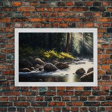 Carregar imagem no visualizador da galeria, A Rocky Stream, Watercolor Art, Serene nature landscape art, framed canvas print, mouth of the river in the morning light wall art