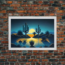 Load image into Gallery viewer, Retro Art Deco Style Pueblo Desert Art, Cactus Desert Landscape under a Full Moon, Framed Canvas Print, Cute Western Decor