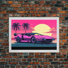 Cargar imagen en el visor de la galería, Classic sport car Wall Art, Framed Canvas Print, Guest room art, Beautiful sunset, Synthwave Style, Pink Colors, Pop Art Style, Tropical art