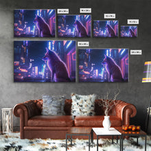 Load image into Gallery viewer, Alley Fox, Cyberpunk city, framed canvas print, urban decay art