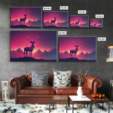Load image into Gallery viewer, Beautiful stag and sunset, synthwave landscape art, framed canvas print, nature print, pastel and pink art