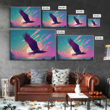 Carregar imagem no visualizador da galeria, Bald eagle in flight, vaporwave sunset, vaporwave art, framed canvas print, pink and turquoise art