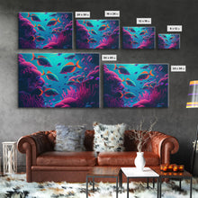 Load image into Gallery viewer, Coral Reef art, synthwave aesthetic ocean art, school of fish, framed canvas art, framed wall art canvas print