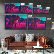 Cargar imagen en el visor de la galería, Cheetah on the hunt, vaporwave art, sunset hunter, framed canvas print, framed wall art