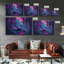 Carregar imagem no visualizador da galeria, Cute pandas, jungle, framed canvas print, framed wall art, synthwave animal art