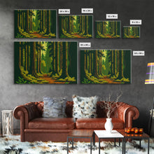Load image into Gallery viewer, Among The Tall Trees, Beautiful forest 8 bit pixel art, framed canvas print, game room art