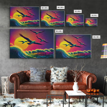 Carregar imagem no visualizador da galeria, Flock of Seagulls, art deco style sun, framed canvas print, synthwave retrowave animal art