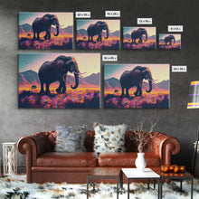 Load image into Gallery viewer, Elephants of Africa, Vibrant and colorful landscape, vaporwave, framed canvas print