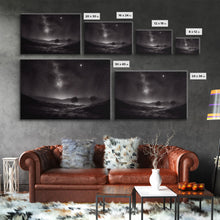 Load image into Gallery viewer, Black and white Watercolor of a starry night sky over the planes of Texas, framed canvas print