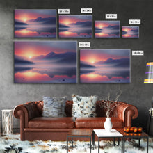 Cargar imagen en el visor de la galería, Foggy Sunset Over a Pine Forest and Lake, Fall Tones, Wall Decoration, Framed Canvas Print, cool wall art, minimalist boho wall art