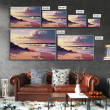 Load image into Gallery viewer, Boho Style Whimsical Beach Art, Framed Canvas Print, Minimalist Modern Farmhouse Decor, Pink Sunset Sky over the beach