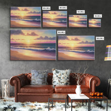 Load image into Gallery viewer, Boho Style Whimsical Beach Art, Framed Canvas Print, Minimalist Modern Farmhouse Decor, Pink Sunset Sky over tide rolling in