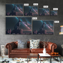 Cargar imagen en el visor de la galería, Cheetah overlooking the valley, synthwave retro style animal prints, framed canvas print, framed wall art, starry Africa night sky