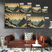 Carregar imagem no visualizador da galeria, Art Deco Style Mountain landscape at Sunset, Framed Canvas Print, Large Format Wall Art, Huge Wall Decor