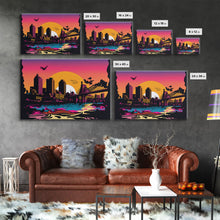 Load image into Gallery viewer, Beautiful Portland, Oregon Retro Synthwave Style Sunset Art, Framed Canvas Print, Pacific Northwest City Art