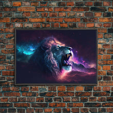 Cargar imagen en el visor de la galería, Cosmic Roar, lion roaring at the stars, synthwave galaxy and lion art, framed canvas print, unique framed wall art
