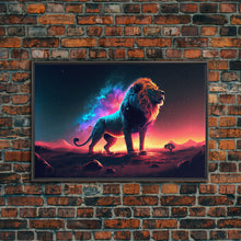 Cargar imagen en el visor de la galería, Cosmic roar watercolor, Lion staring at the stars over Africa, framed canvas print, unique vibrant wall art