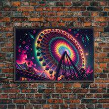 Cargar imagen en el visor de la galería, Colorful boardwalk art, neon lit night time ferris wheel, framed canvas print, framed wall art
