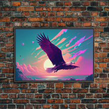 Carregar imagem no visualizador da galeria, Bald eagle in flight, vaporwave sunset, vaporwave art, framed canvas print, pink and turquoise art