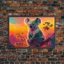 Load image into Gallery viewer, Cute Koala bear at sunset, vaporwave animal art, framed canvas print, framed wall art, ready to hang, synthwave art