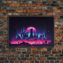 Load image into Gallery viewer, Cyberpunk city skyline superimposed over a sunset, synthwave style dystopian art, framed canvas print