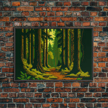 Load image into Gallery viewer, Among The Tall Trees, Beautiful forest 8 bit pixel art, framed canvas print, game room art