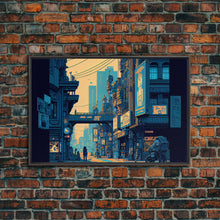 Carregar imagem no visualizador da galeria, 8 bit pixel art cyber punk city, video game concept art, framed canvas print, game room art