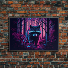 Carregar imagem no visualizador da galeria, Cute racoon in the forest, vaporwave aesthetic animal art, framed canvas print, colorful animal art