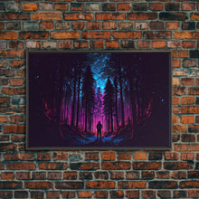 Cargar imagen en el visor de la galería, Contemplating the stars, vaporwave aesthetic, forest art, starry night, framed canvas print, outrun art