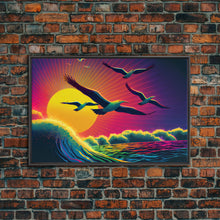 Carregar imagem no visualizador da galeria, Flock of Seagulls, art deco style sun, framed canvas print, synthwave retrowave animal art