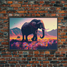 Load image into Gallery viewer, Elephants of Africa, Vibrant and colorful landscape, vaporwave, framed canvas print