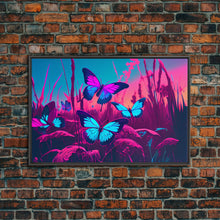 Load image into Gallery viewer, Beautiful butterfly art, vaporwave aesthetic pastel art, framed canvas print, synthwave art