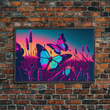 Load image into Gallery viewer, Beautiful turquoise butterfly art, vaporwave aesthetic pastel art, framed canvas print, synthwave art