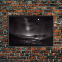 Load image into Gallery viewer, Black and white Watercolor of a starry night sky over the planes of Texas, framed canvas print