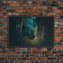 Load image into Gallery viewer, Blue Eyed Black Panther, framed canvas print, unique wall art, wildlife canvas art, living room wall art