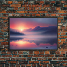 Cargar imagen en el visor de la galería, Foggy Sunset Over a Pine Forest and Lake, Fall Tones, Wall Decoration, Framed Canvas Print, cool wall art, minimalist boho wall art