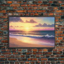 Load image into Gallery viewer, Boho Style Whimsical Beach Art, Framed Canvas Print, Minimalist Modern Farmhouse Decor, Pink Sunset Sky over tide rolling in